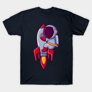 Cute Astronaut Hugs Rocket Cartoon T-Shirt